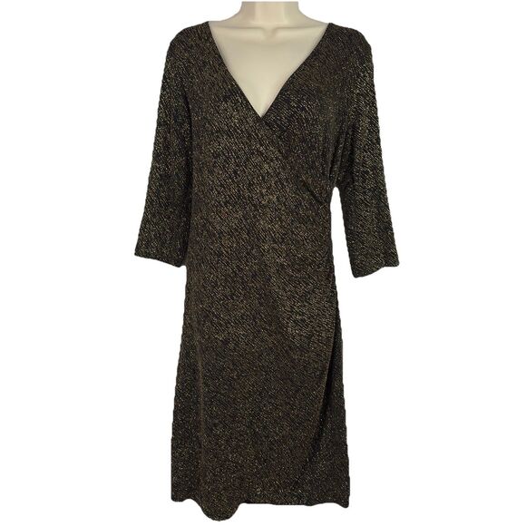 Vintage Olivia Matthews Metallic Faux Wrap Dress M Black Gold Ruched Party Cockt - Picture 1 of 11